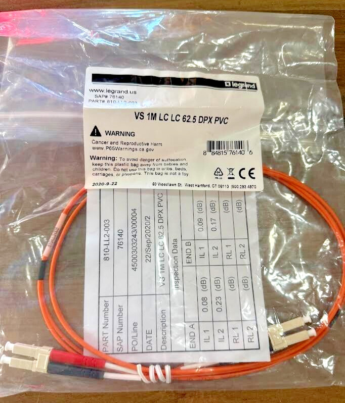 Legrand 810-LL2-003 Fiber Optic Jumper Cable LC-LC Multimode OM4 3M/10ft – New