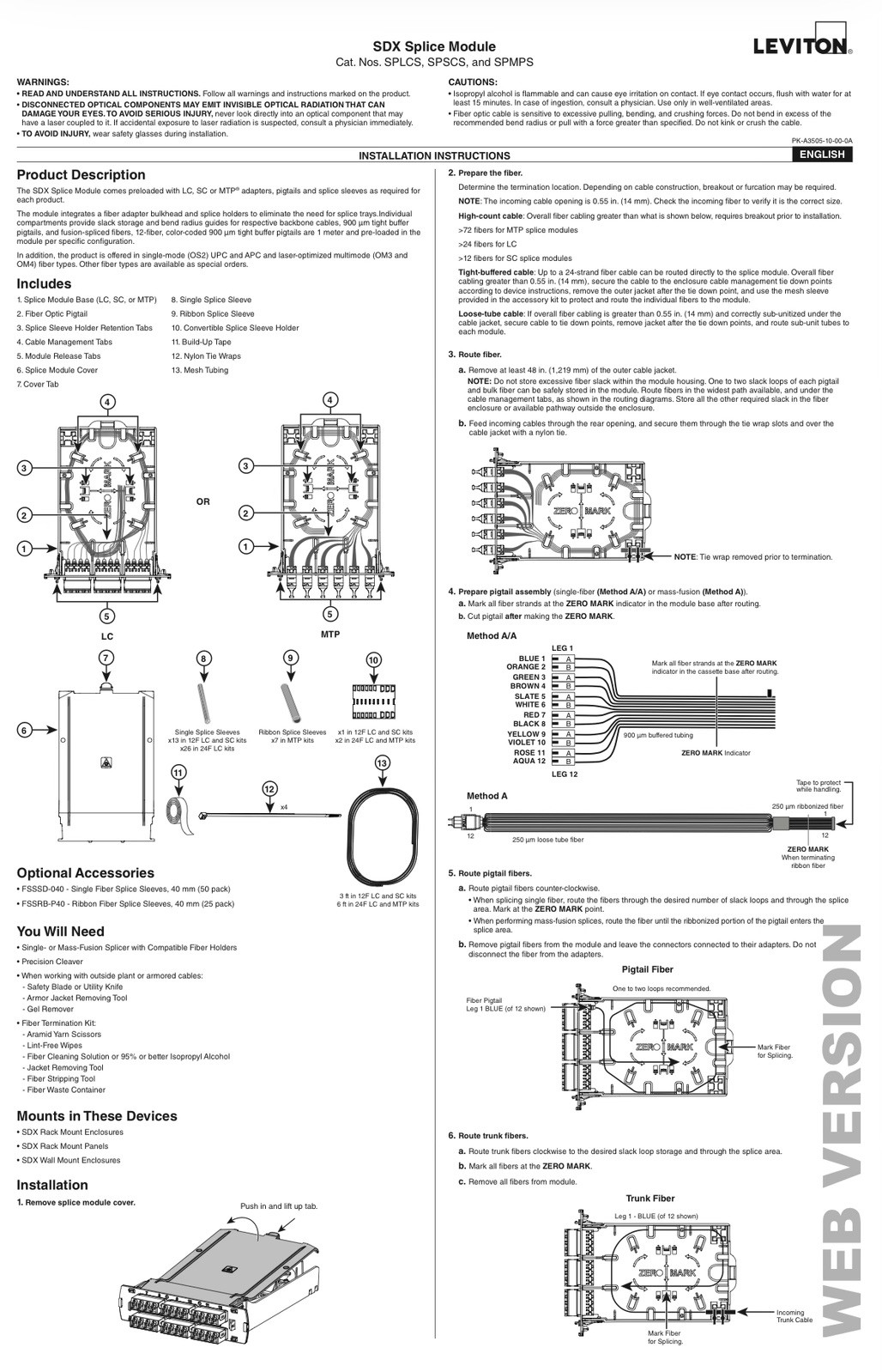 Leviton SPLCS-2LL, SDX 12 – LC Pigtail Fusion Splice, Duplex Shuttered, SM OS2