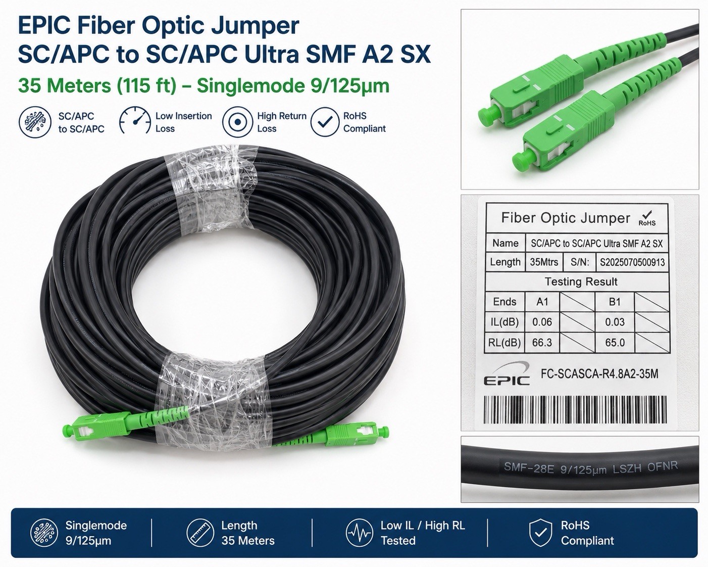Epic Fiber Optic Jumper Sc/APC To Sc/APC Ultra SMF A2 SX 35 Mt 115Ft New Single
