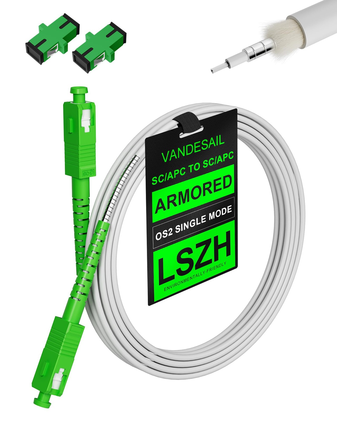 12M 39ft White SC/APC to SC/APC Fiber Cable, Armored Single Mode Patch, LSZH