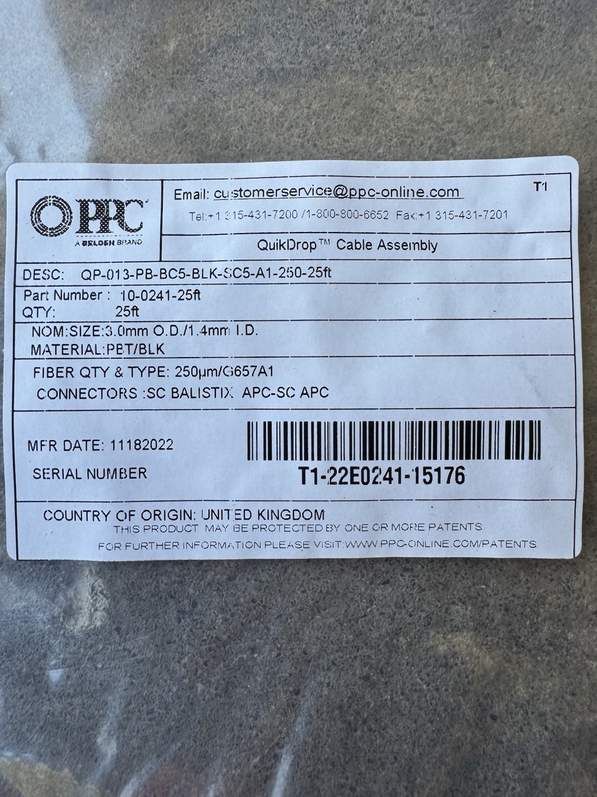 PPC by Belden – QP-013-PB-BC5-BLK-SC5-A1-250-25ft