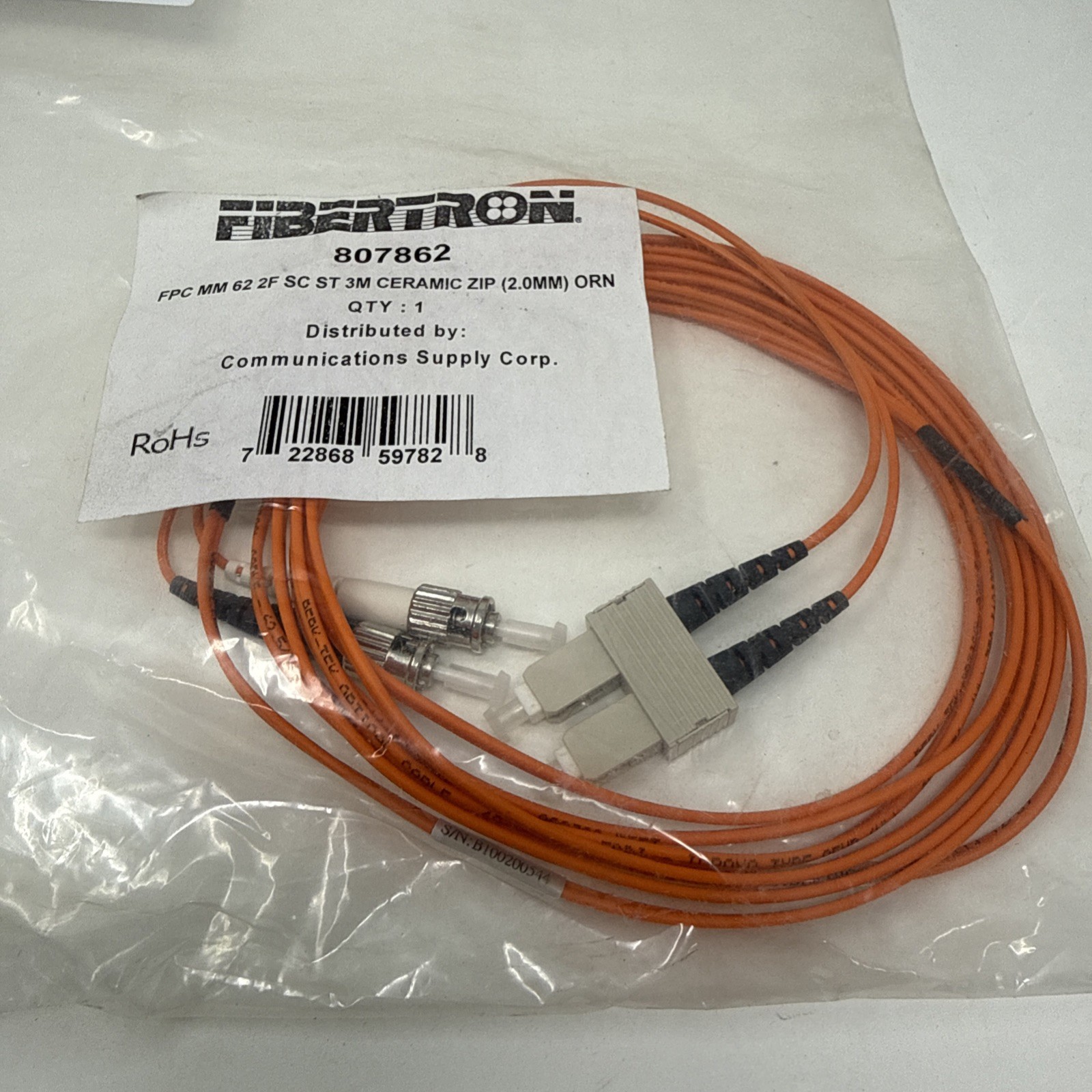 Fibertron Fiber Optic Cable 807862 FPC MM 62 2F SC ST 3M Ceramic Zip 2MM ORN
